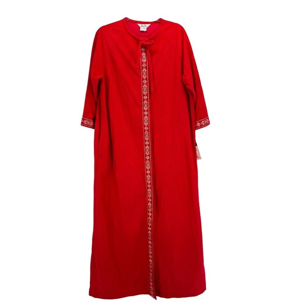 Vintage SMART‎ TIME Red Velour Snap Front SZ M Robe House Coat Gold Ribbon NEW